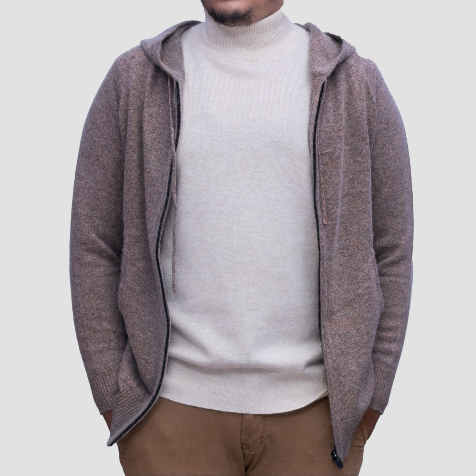 Luxury 100% Cashmere Zip-Up Hoodie for Men – Handmade Soft Knit Sweater | Pure Cashmere from Nepal