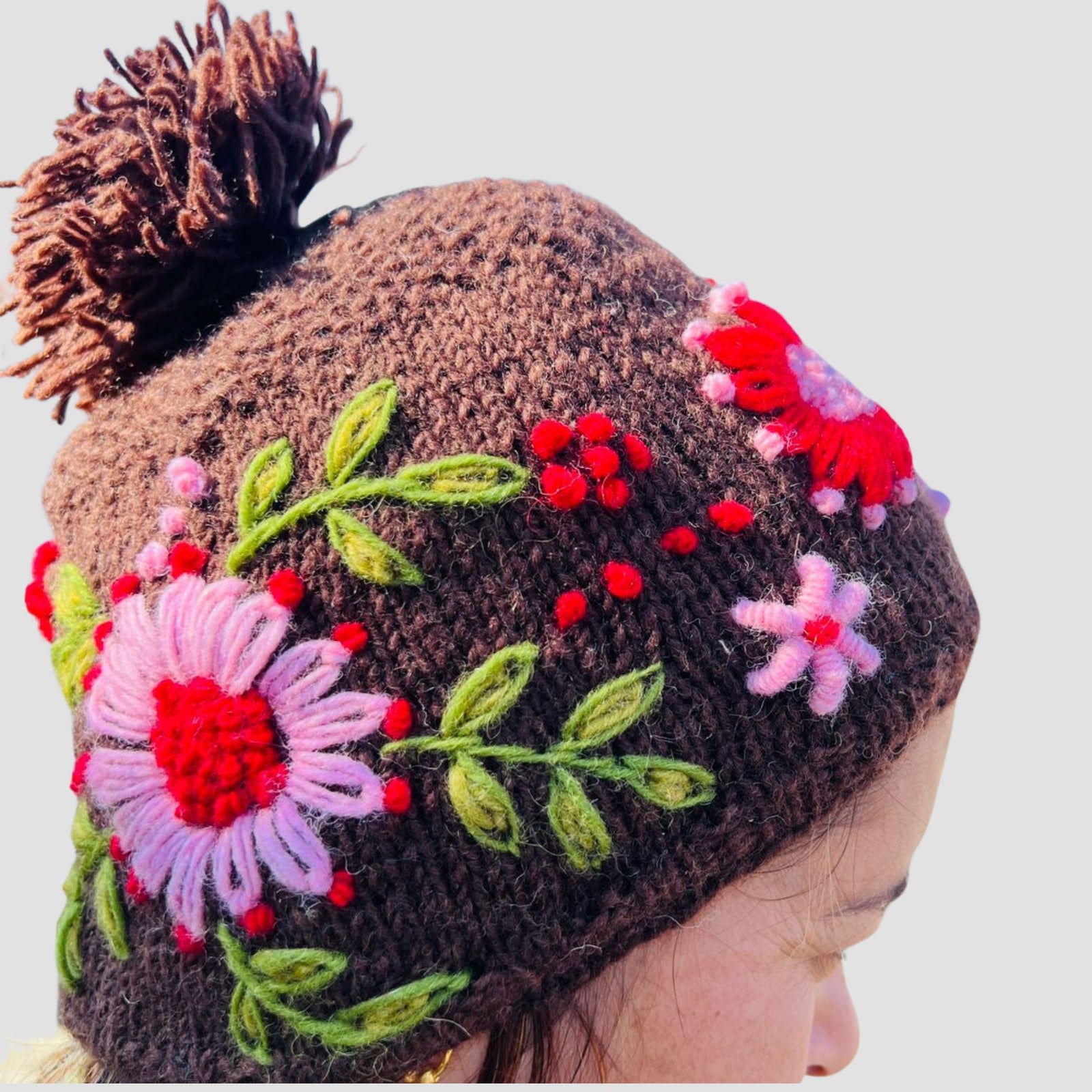 Hand-Knitted Floral Wool Pom Pom Hat | Brown Fair Trade Nepal Beanie