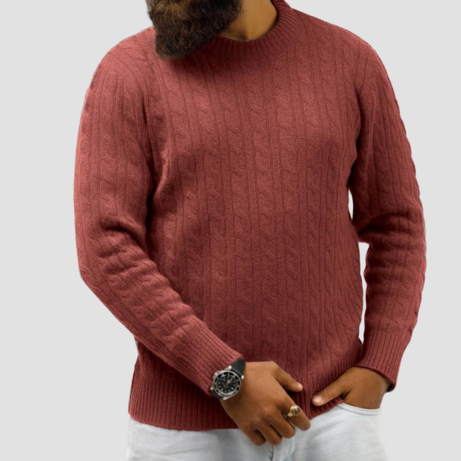 Handmade 100% cashmere cable knit sweater for men, beige luxury winter pullover crafted in Nepal