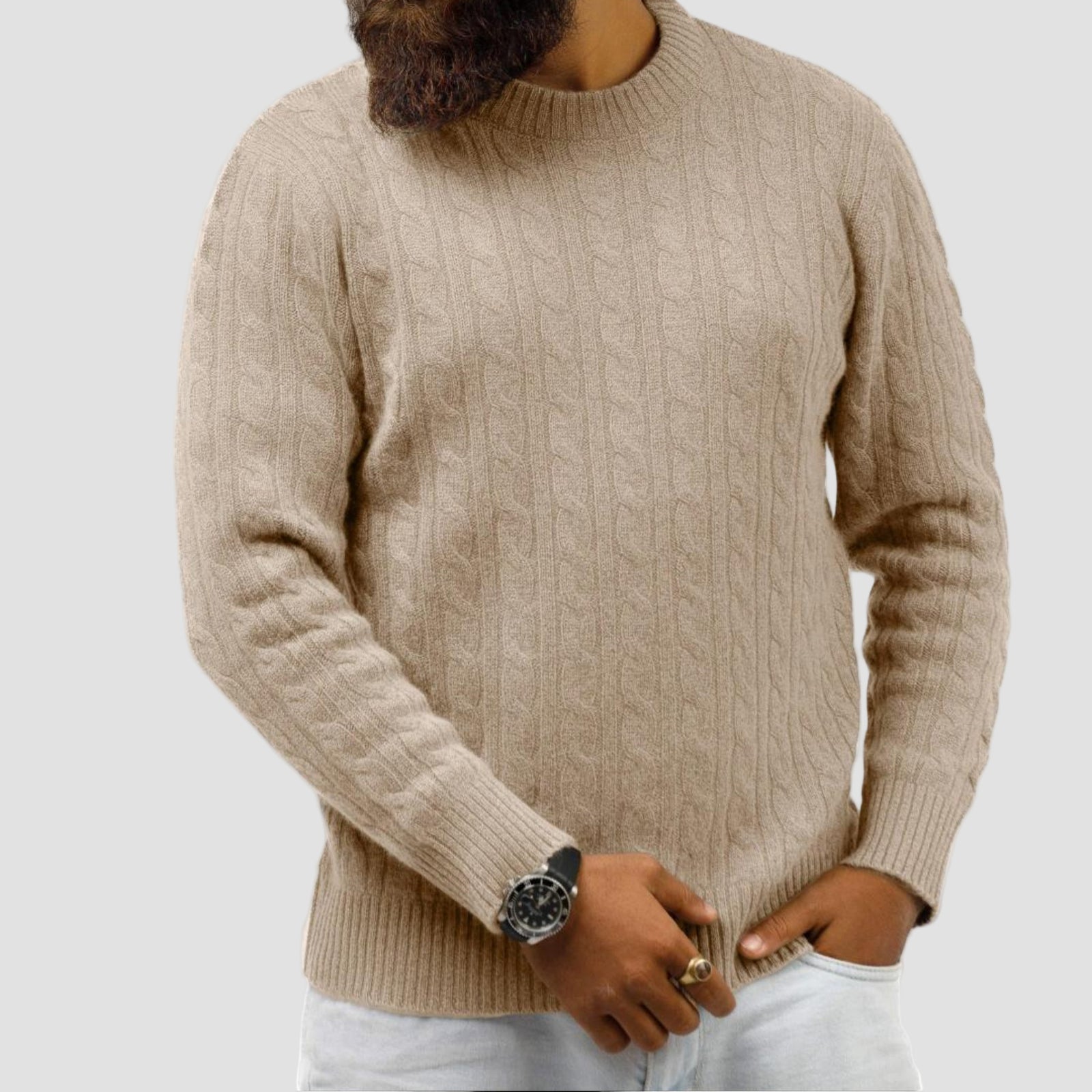 cable knit mans cashmere beige sweater