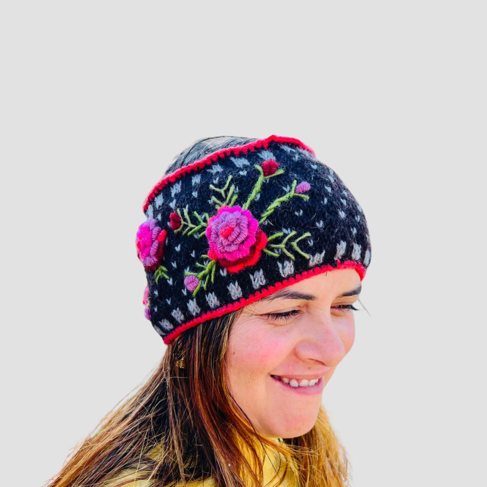 Fair trade wool ear warmer headband with floral embroidery Nepal artisan made