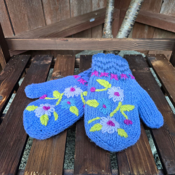 Hand Knitted Wool Mittens — Floral Embroidered, Handmade in Nepal