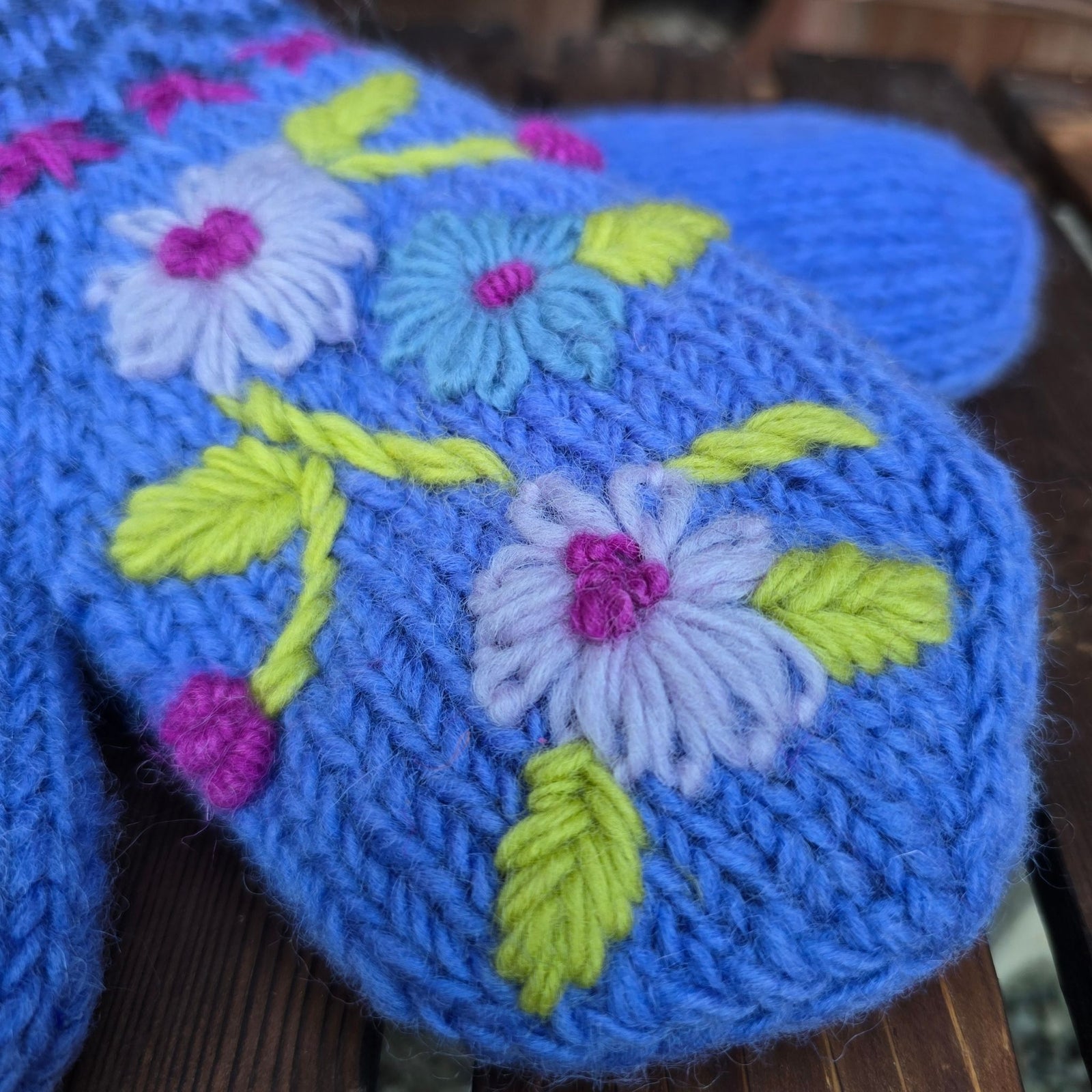 Hand Knitted Wool Mittens — Floral Embroidered, Handmade in Nepal