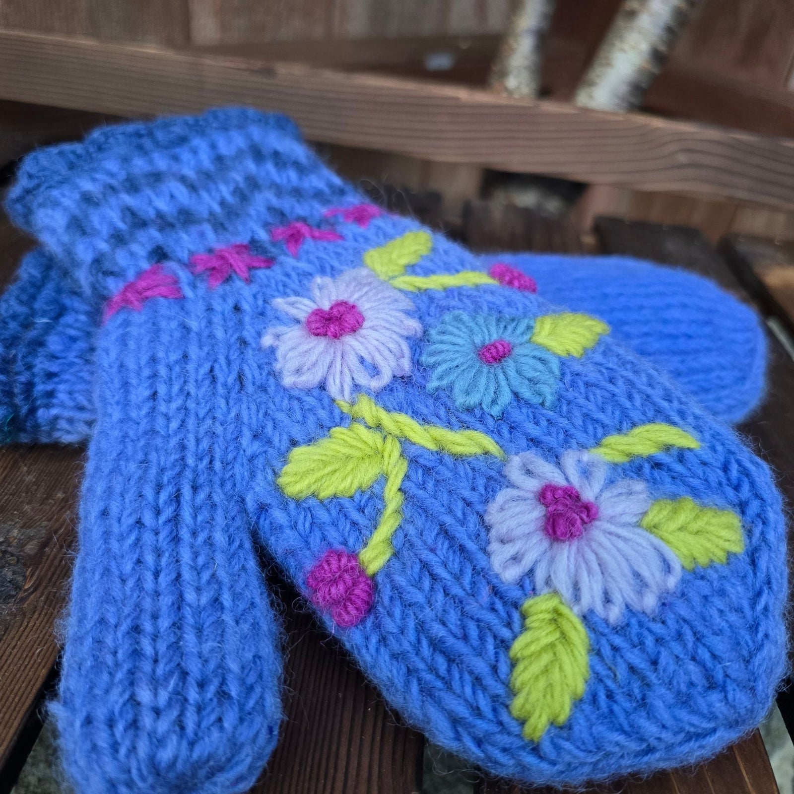 Hand Knitted Wool Mittens — Floral Embroidered, Handmade in Nepal