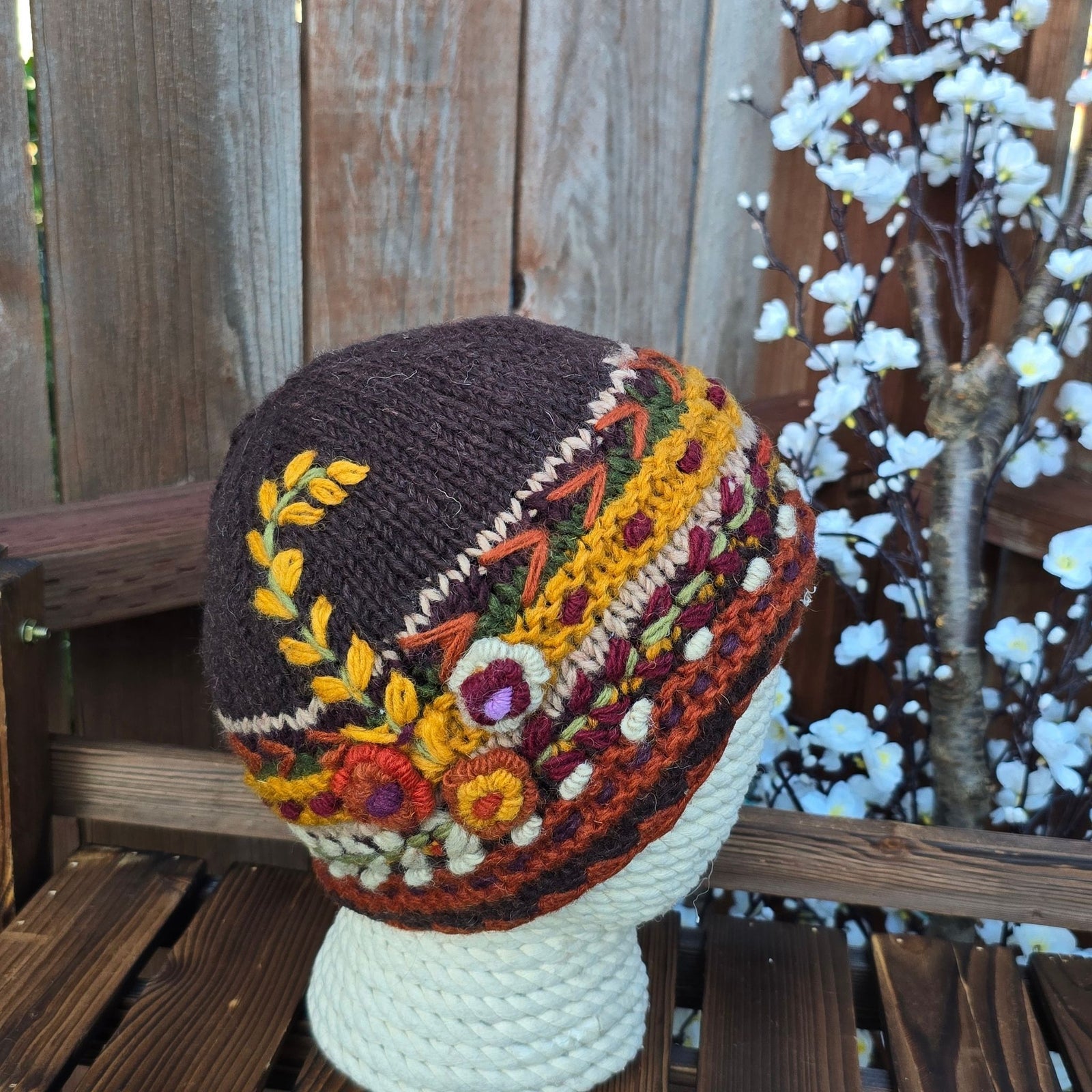 Hand Knitted Wool Beanie — Floral Embroidered, Fleece Lined, Nepal