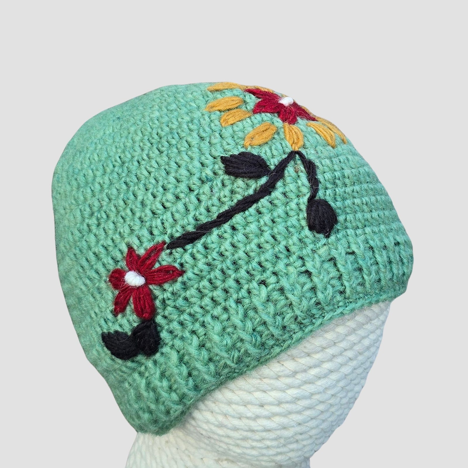 Hand Knitted Wool Beanie — Botanical Embroidered, Fleece Lined, Nepal