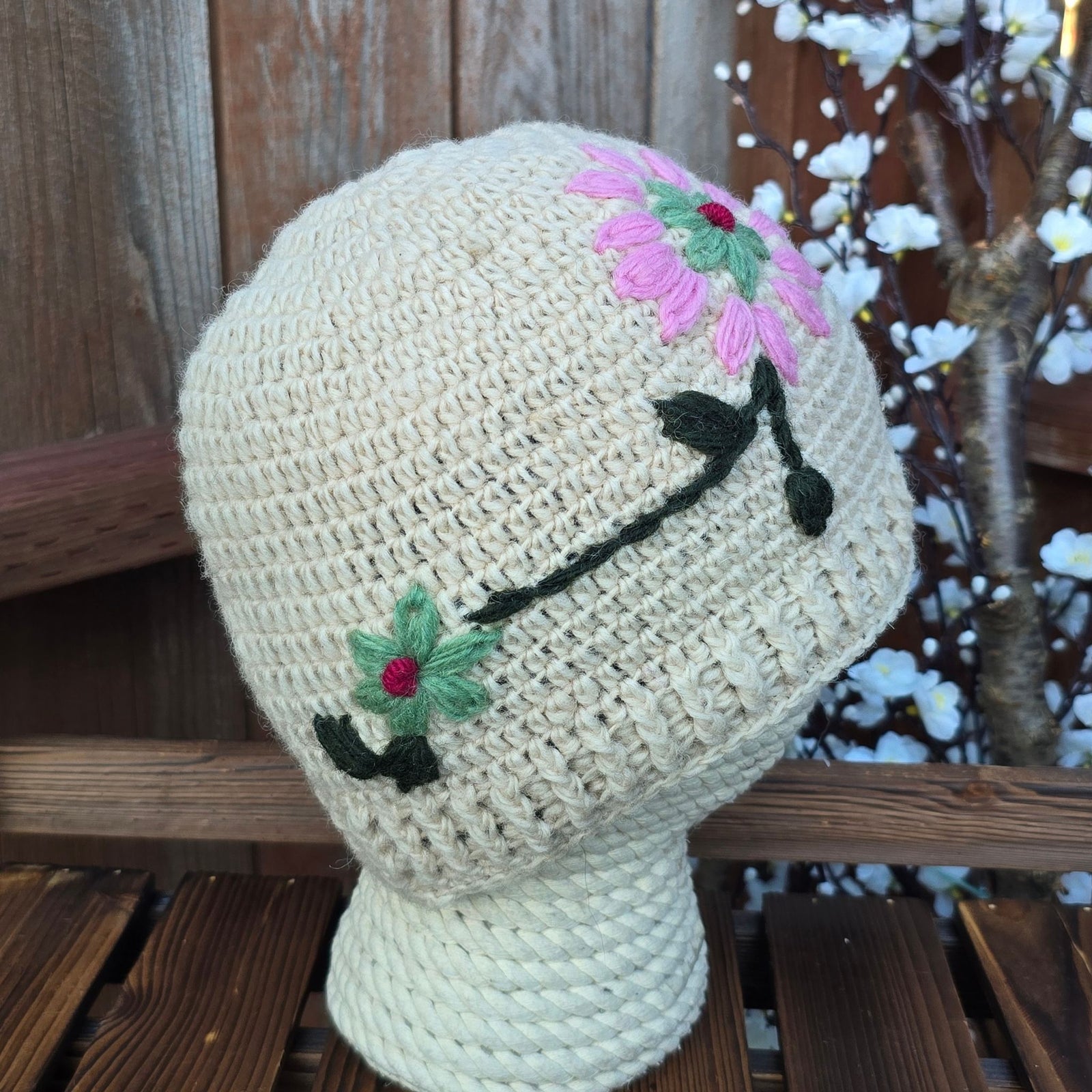 Hand Knitted Wool Beanie — Botanical Embroidered, Fleece Lined, Nepal