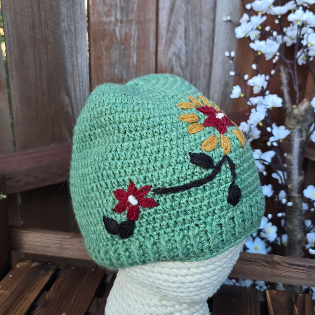 Hand Knitted Wool Beanie — Botanical Embroidered, Fleece Lined, Nepal