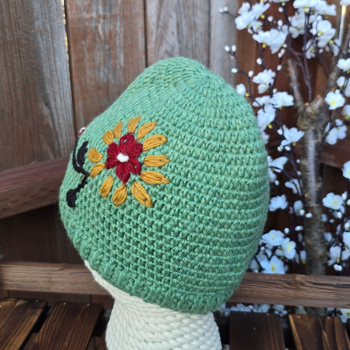 Hand Knitted Wool Beanie — Botanical Embroidered, Fleece Lined, Nepal