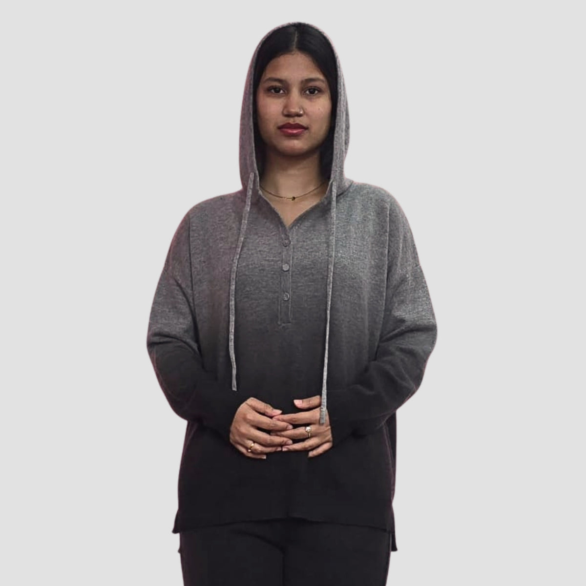 “100% cashmere ombre hoodie sweater grey charcoal”