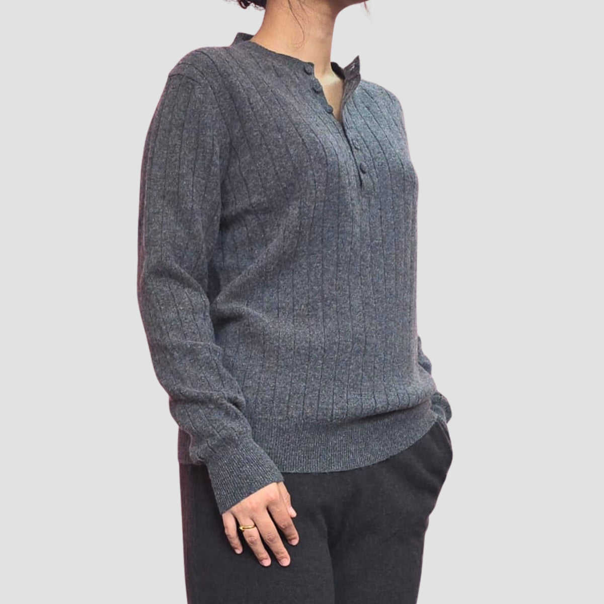 “women’s cashmere rib-knit henley top”