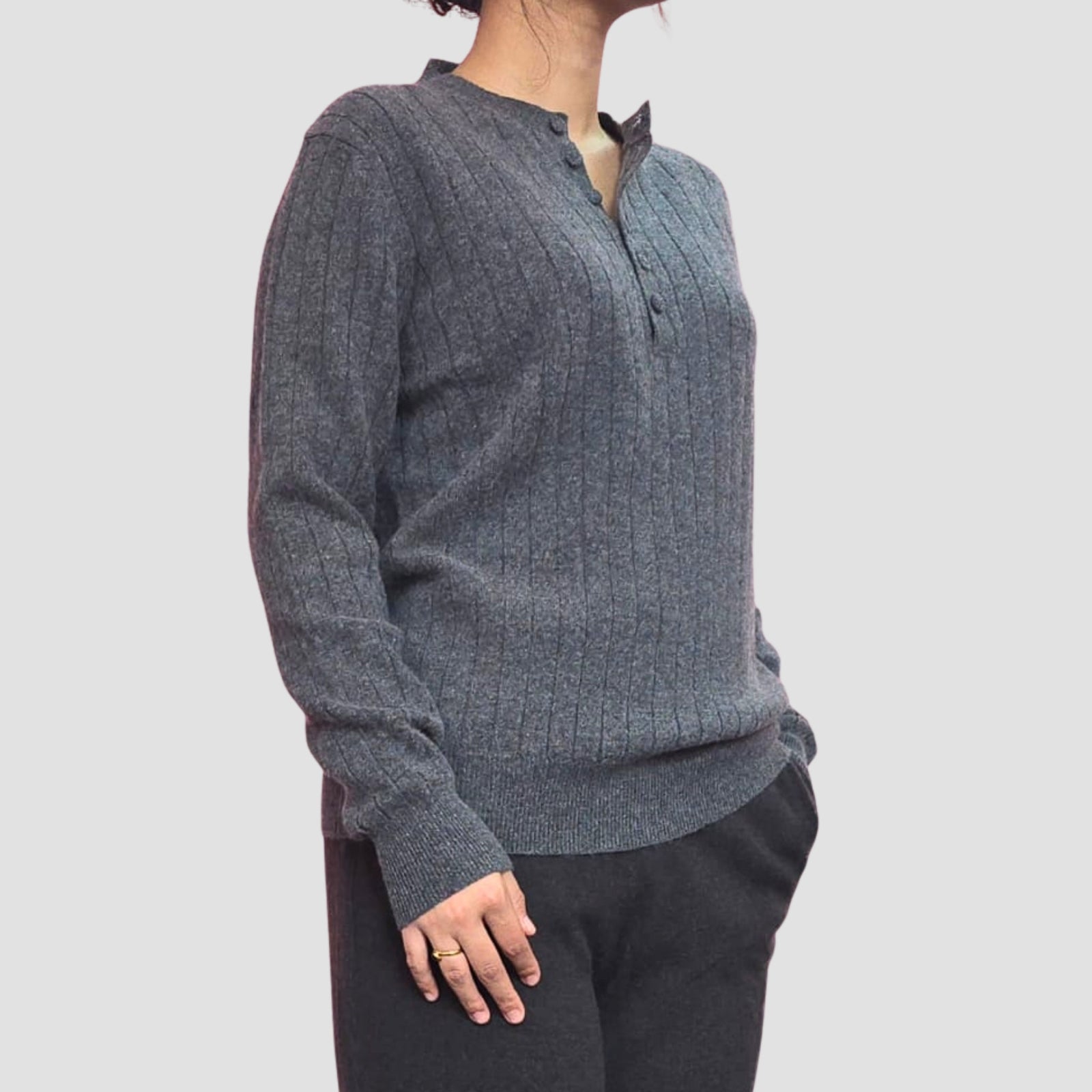 “women’s cashmere rib-knit henley top”