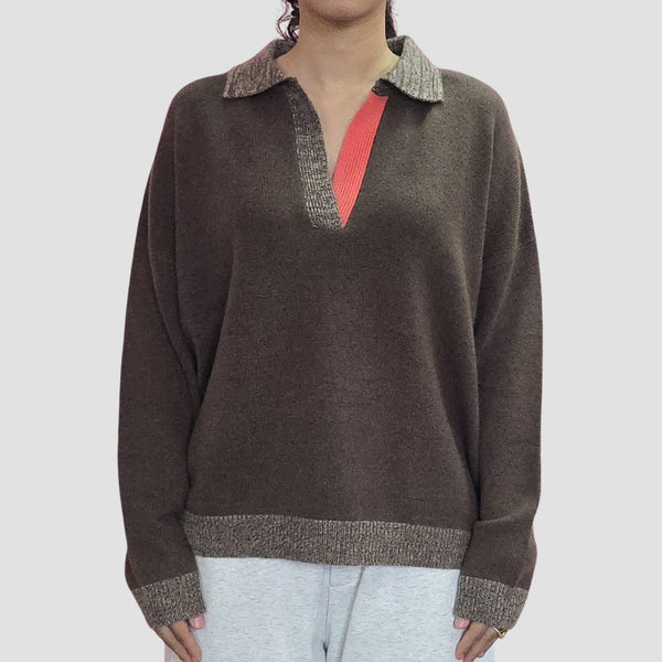 “brown cashmere contrast collar polo sweater”