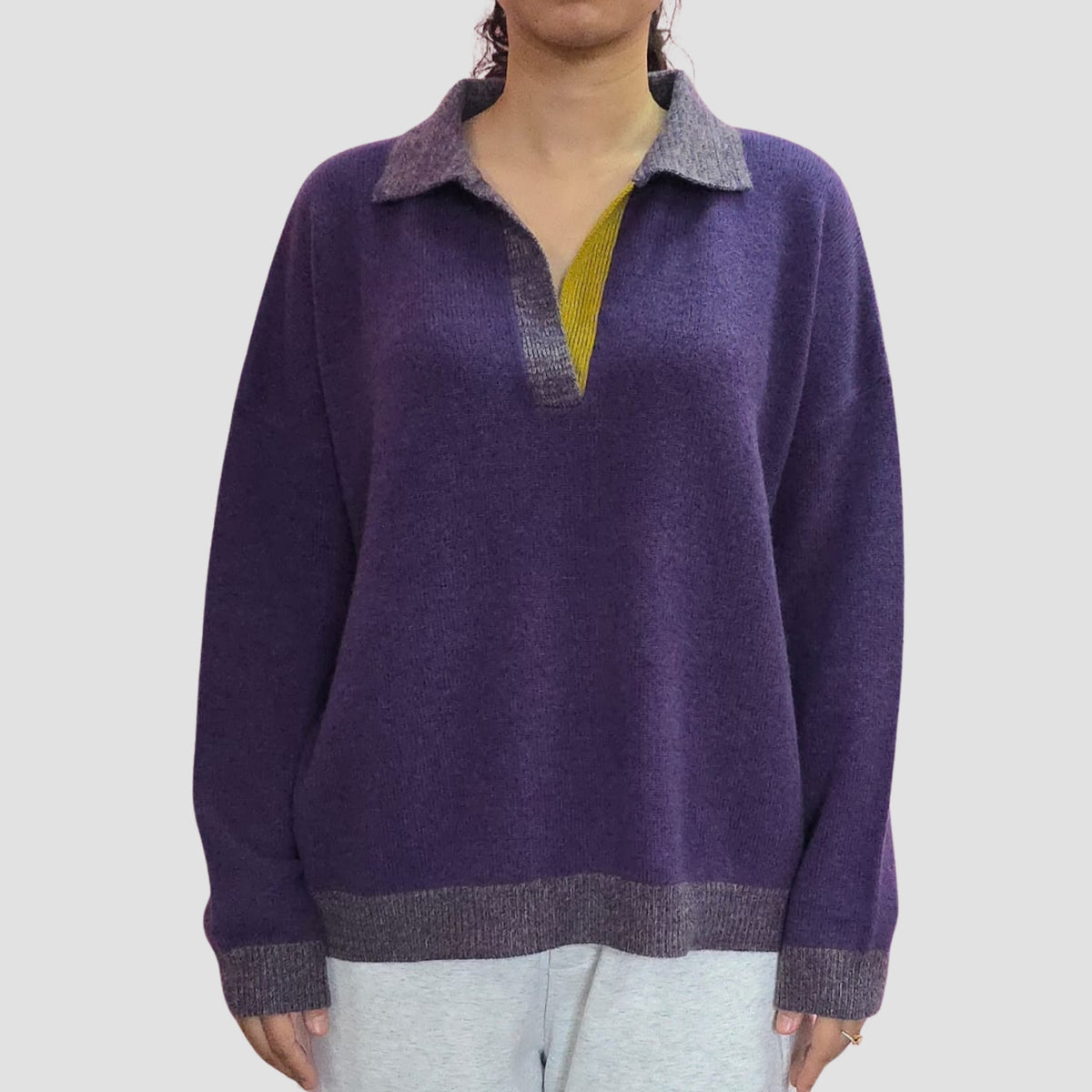 “handmade cashmere sweater purple with mustard placket”