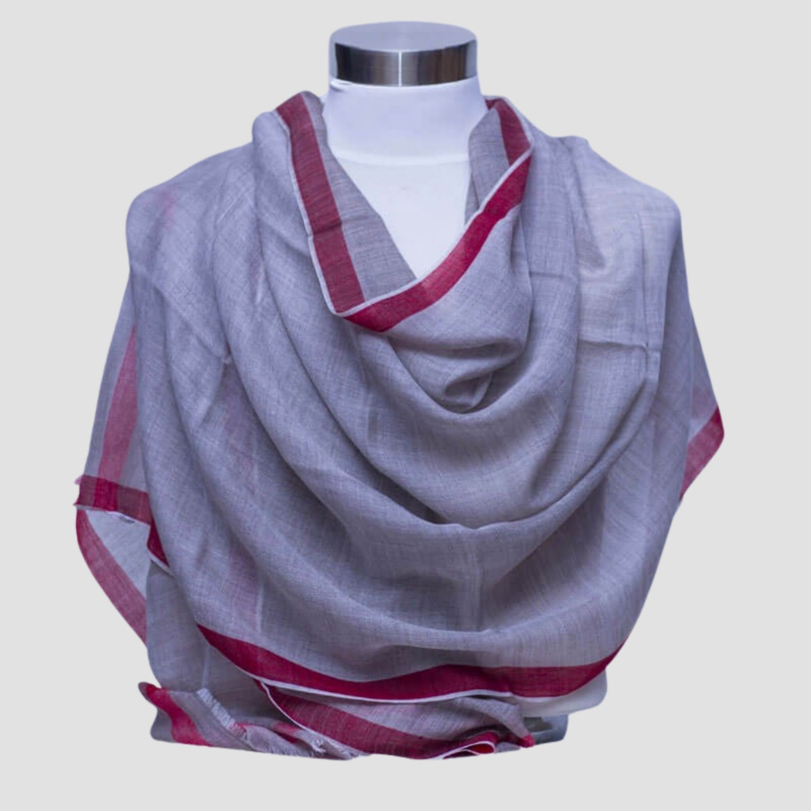 100% Cashmere Ring Shawl – Grey with Red Border | Handmade Wrap from Nepal