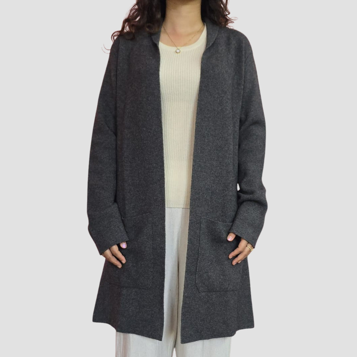 “100% cashmere long open-front cardigan coat grey”

