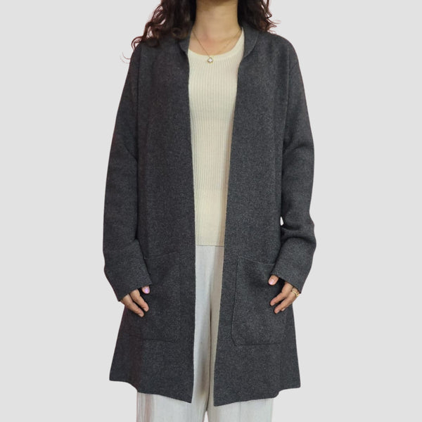 “100% cashmere long open-front cardigan coat grey”

