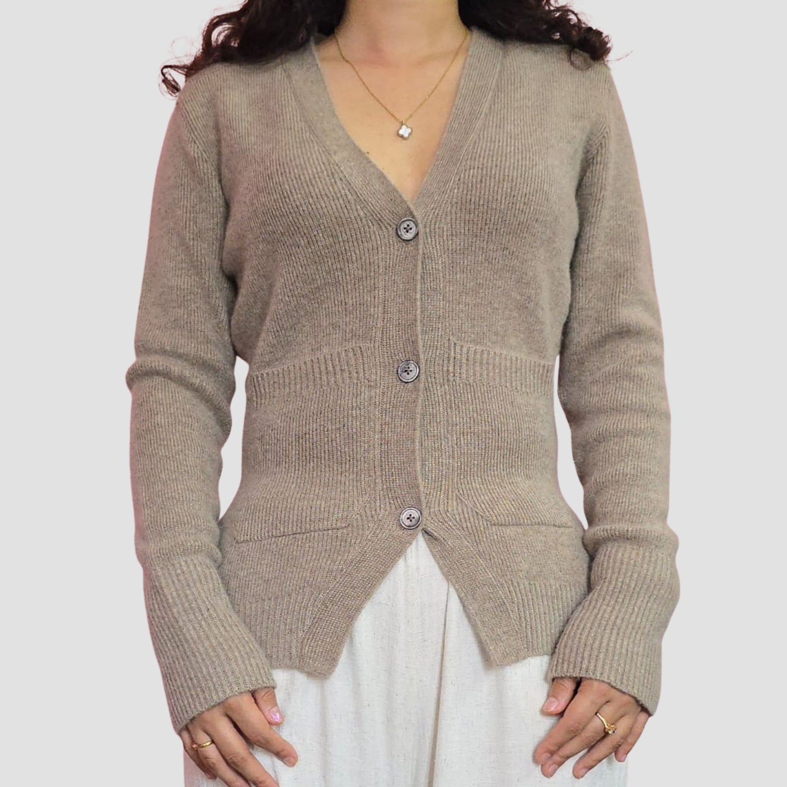 “lightweight rib-knit cashmere cardigan with pockets”