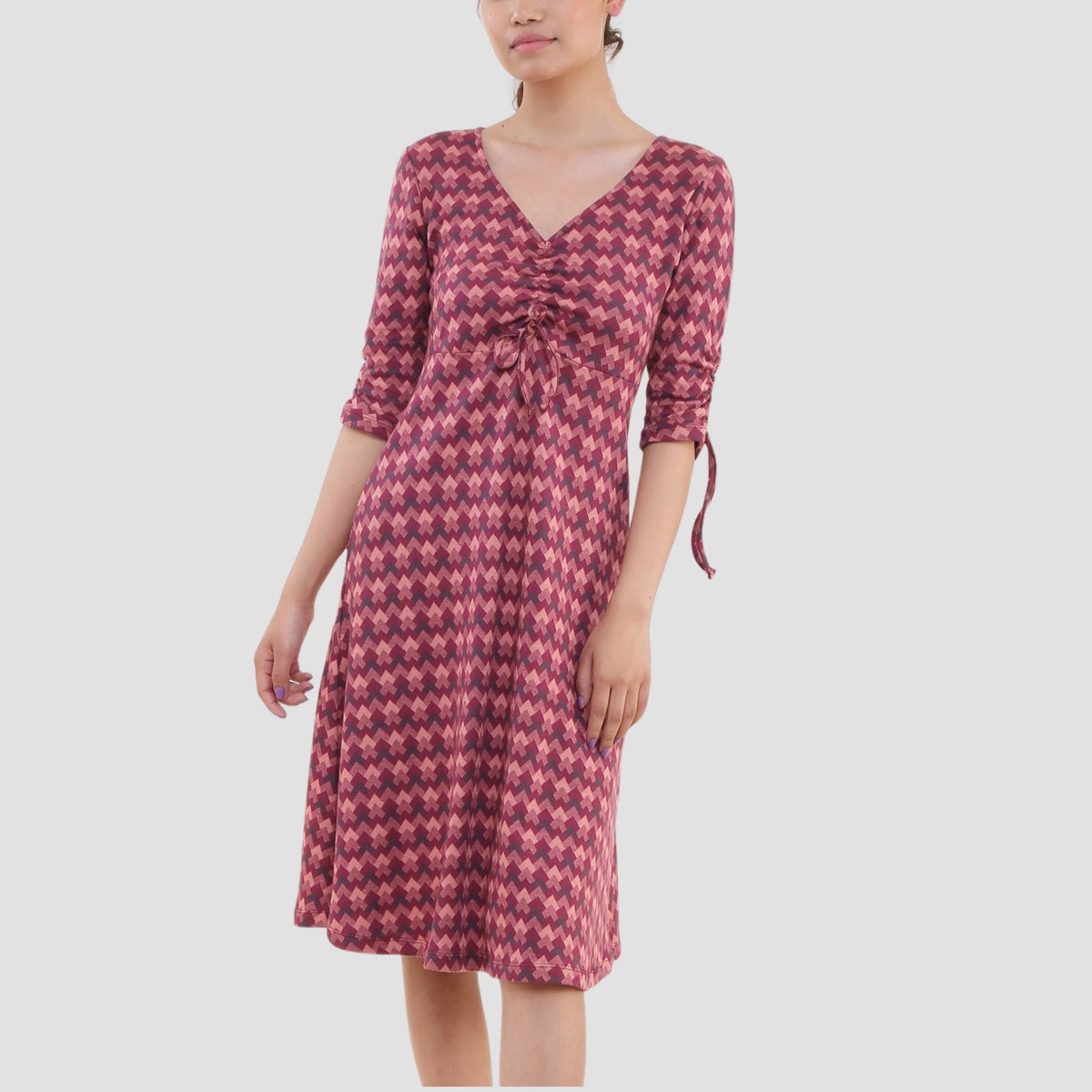Woman wearing handwoven organic cotton dress, GOTS certified Nepal