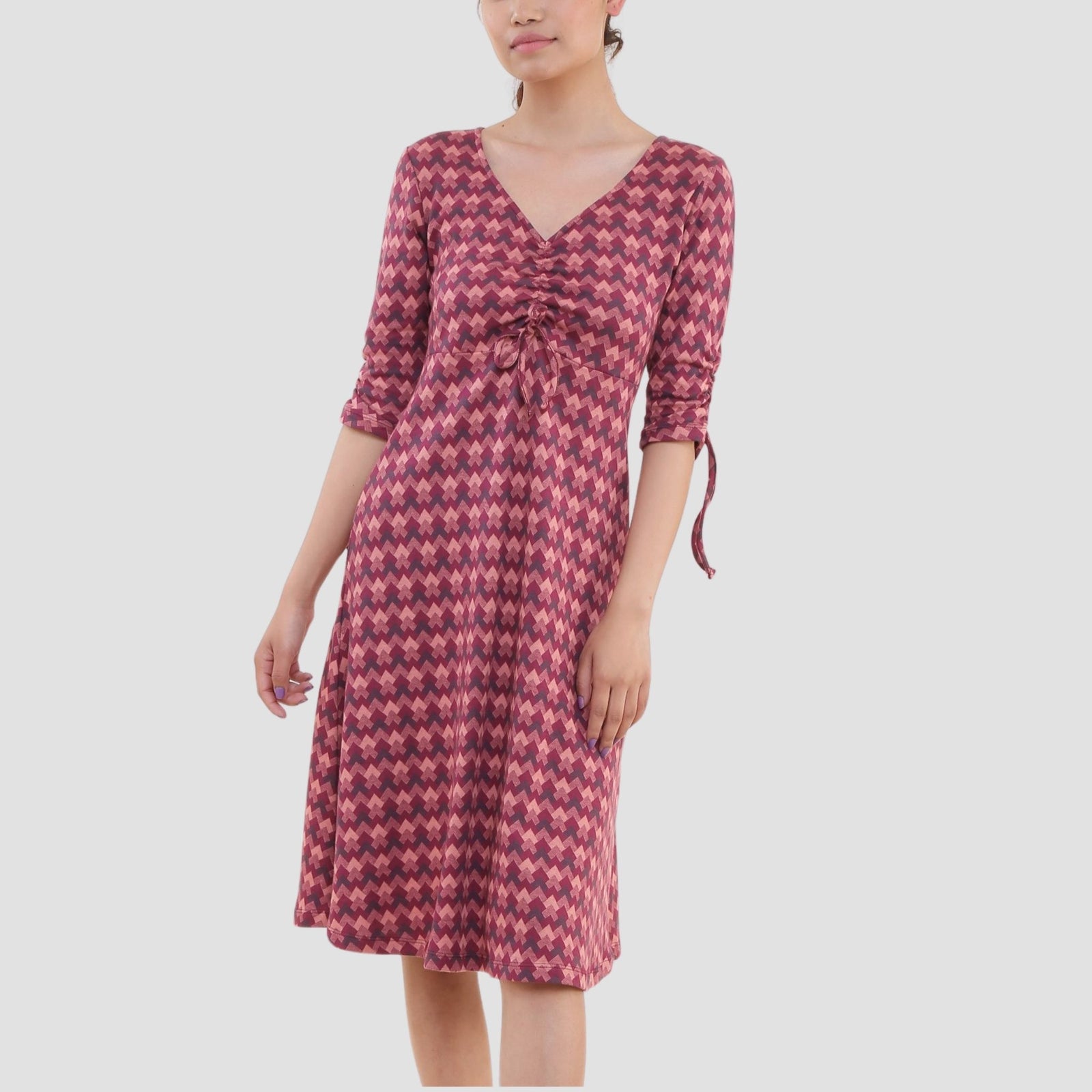 Woman wearing handwoven organic cotton dress, GOTS certified Nepal