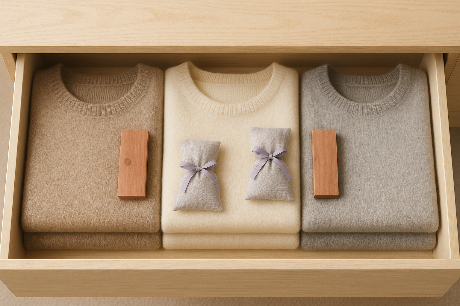 Properly folded cashmere sweaters stored in drawer with cedar blocks and lavender sachets for moth protection