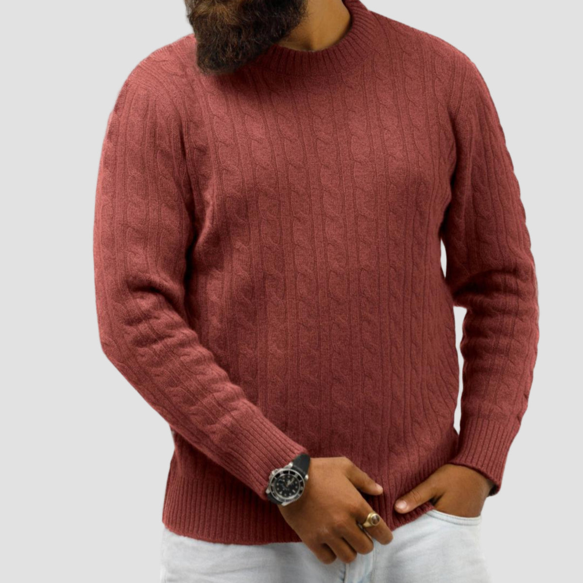 Handmade 100% cashmere cable knit sweater for men, beige luxury winter pullover crafted in Nepal